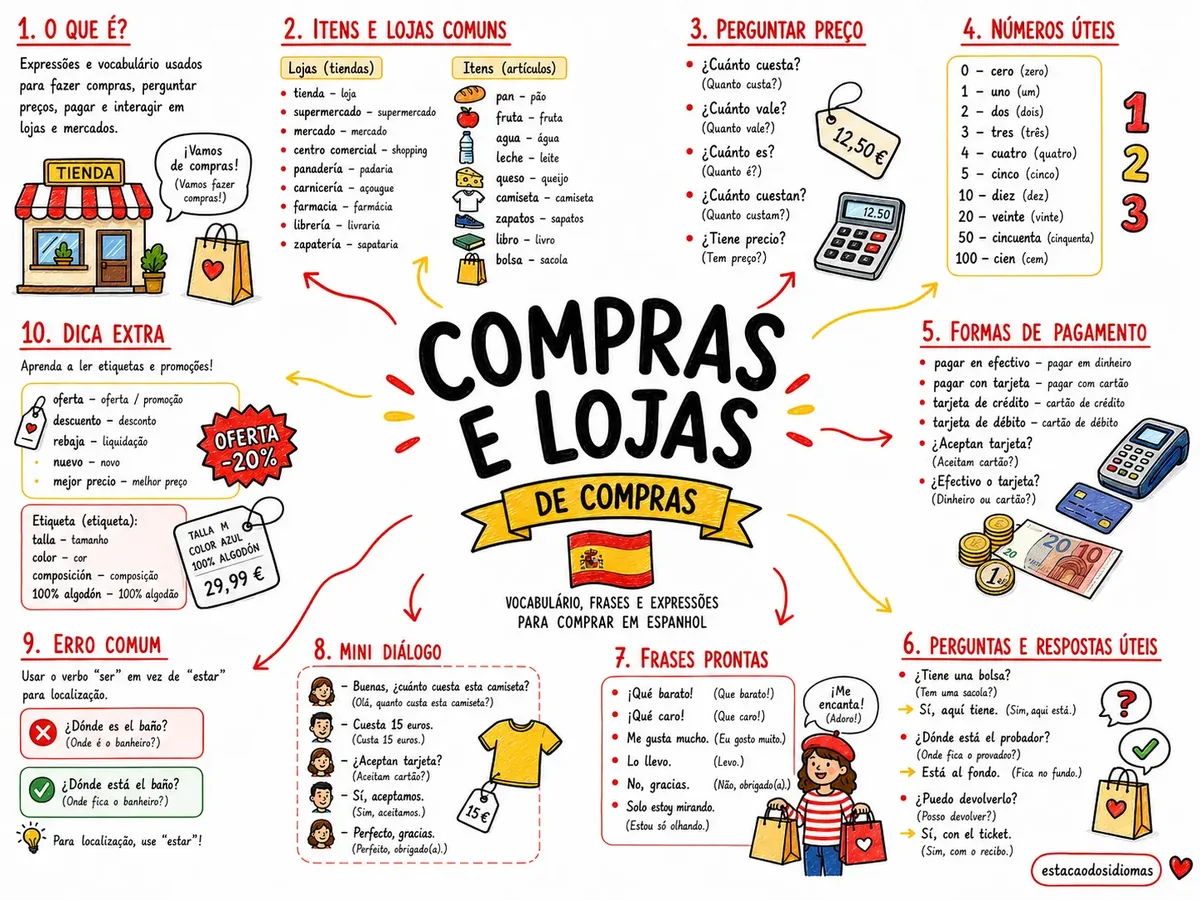 Mapa mental de espanhol sobre compras e lojas