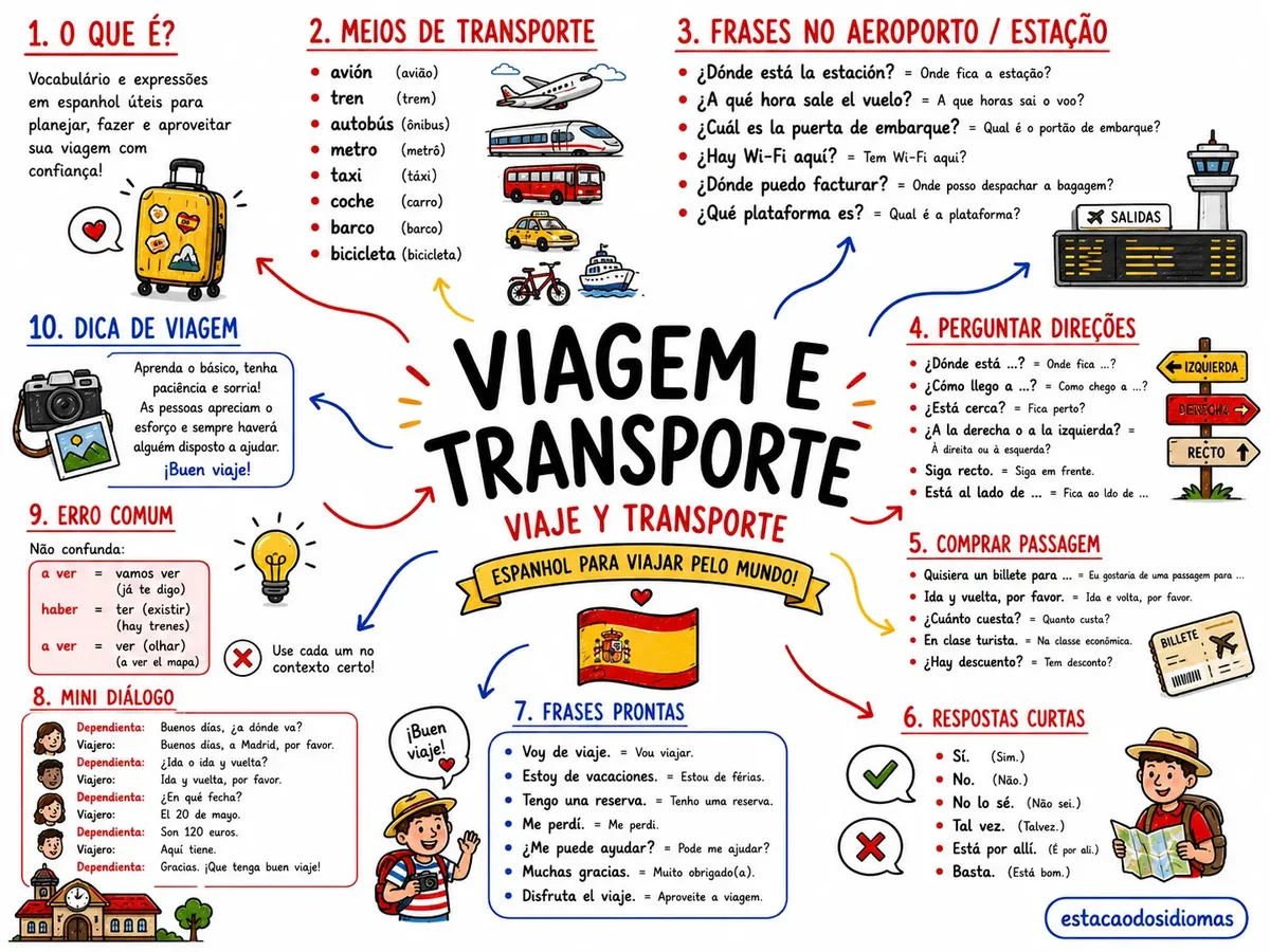 Mapa mental de espanhol sobre viagem e transporte