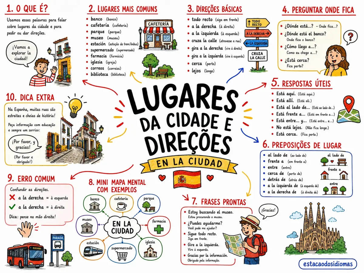Mapa mental de espanhol sobre lugares da cidade e direções